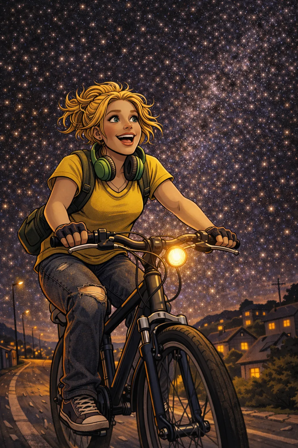 Jenny fährt nachts auf ihrem Fahrrad durch die Kleinstadt