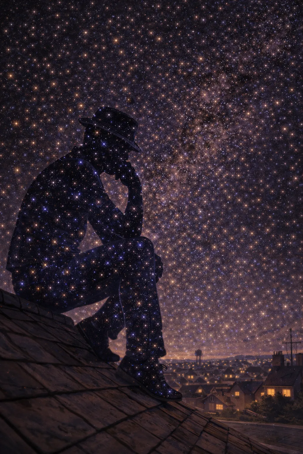 Eine Silhouette sitzt auf dem Dach und blickt in den Sternenhimmel