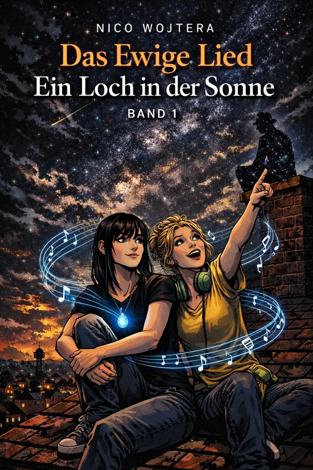Buchcover: zwei Mädchen auf einem Dach unter einem Sternenhimmel
